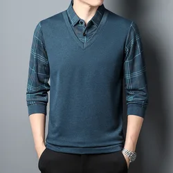 2023 Spring and Autumn New Long-sleeved Top Men's Loose Leisure Fake Two-piece Shirts Collar Top Bottoming Shirt