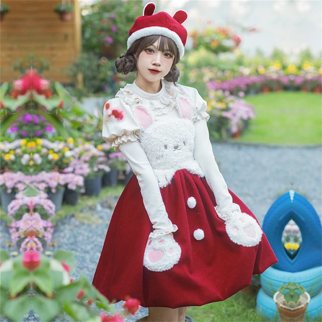 Kawaii Sweet Lolita Jsk Cute Girls Cosplay New Year Soft Plush Rabbit Paw  Print Pocket Fuzz Ball Tail Ruffled Bud Dress - AliExpress