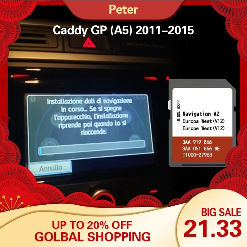 Supporto Per Caddy Gp (A5) 2011-2015 Az V12 West Europe Navigation Map Naving Card