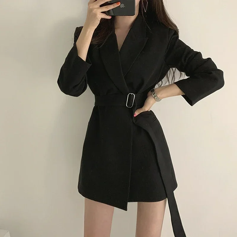 

Apricot Chic Sashes Blazers Mid Length Office Lady Solid Colors Long Sleeve Loose Suits Women Vintage Plus Size Black Blazer New