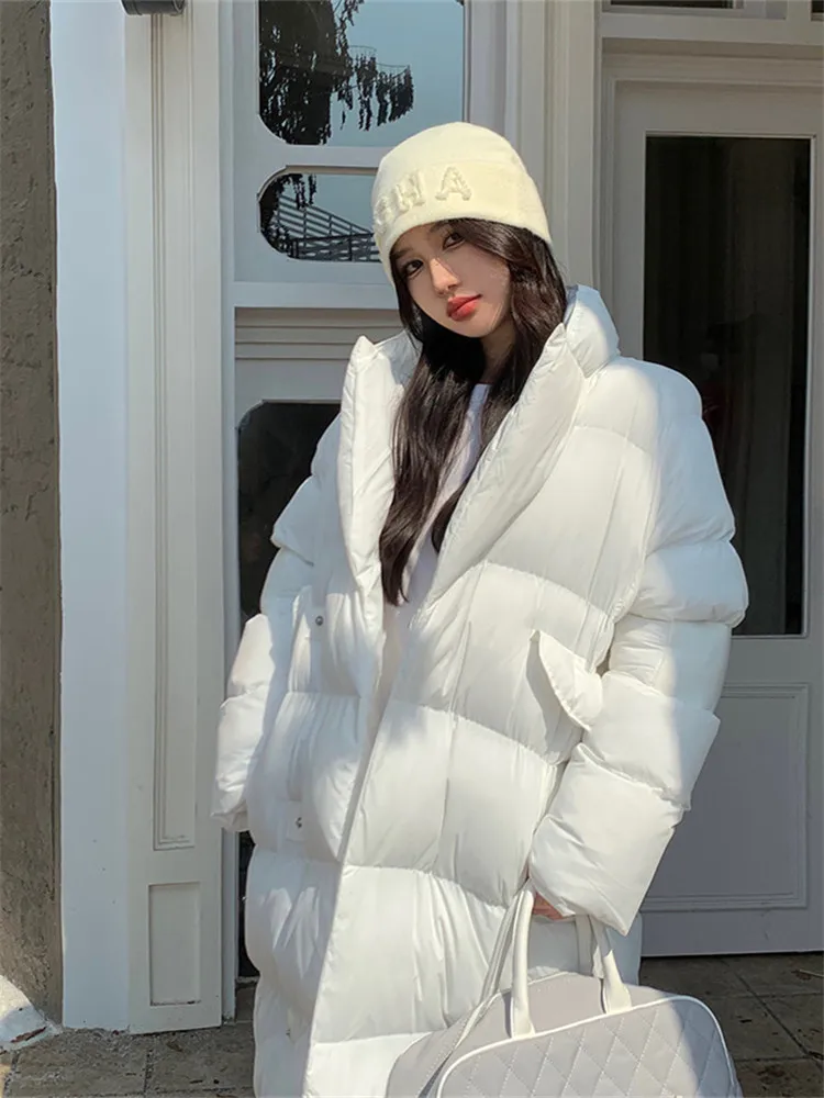 

Solid Black White Stand Collar Down Jacket For Women's Winter 2022 New Knee Length Thickened Cotton Padded Coat