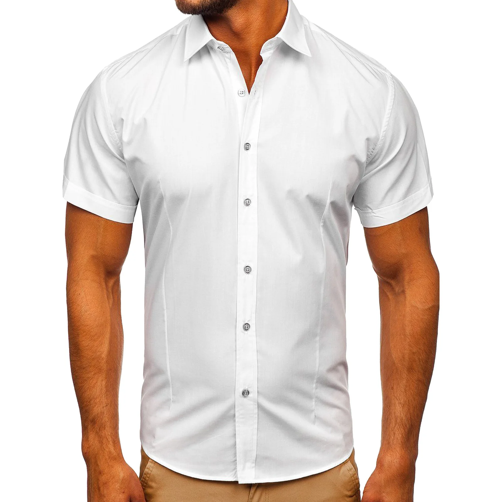 Description Picture 6 of item2024 European and American Men's Short Sleeved Shirts, New Summer Youth Business Dress, Solid Color Short Sleeved Shirts