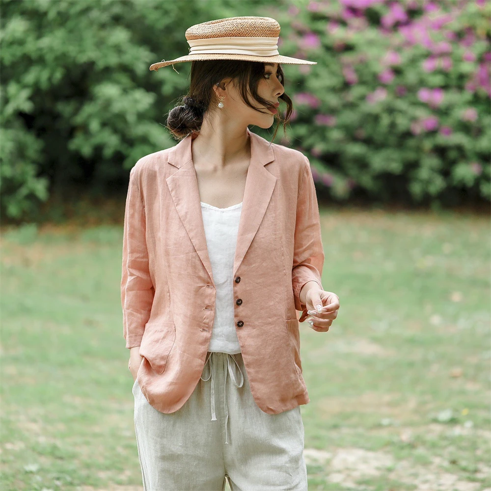 Ladies Linen Blazer Coat Summer Retro Loose Cardigan Tops Women Suit Outerwear Female Single Breasted Thin Breathable Jacket New 2