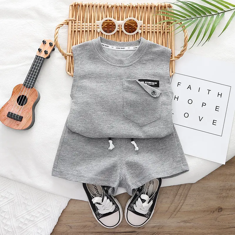 New Fashion Children Boys Girls Clothes Summer Kids O-Neck Solid Vest Shorts 2Pcs/Set Infant Kids Cartoon Toddler Tracksuits