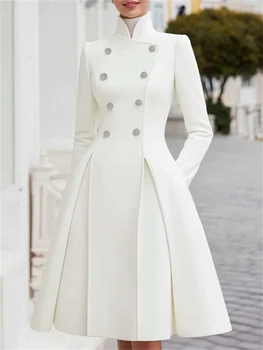 Yeezzi Women's British Style Buttoned Stand Collar Overcoat Midi Dresses Long Sleeves High Waisted Pleated Evening A-line Dress 1