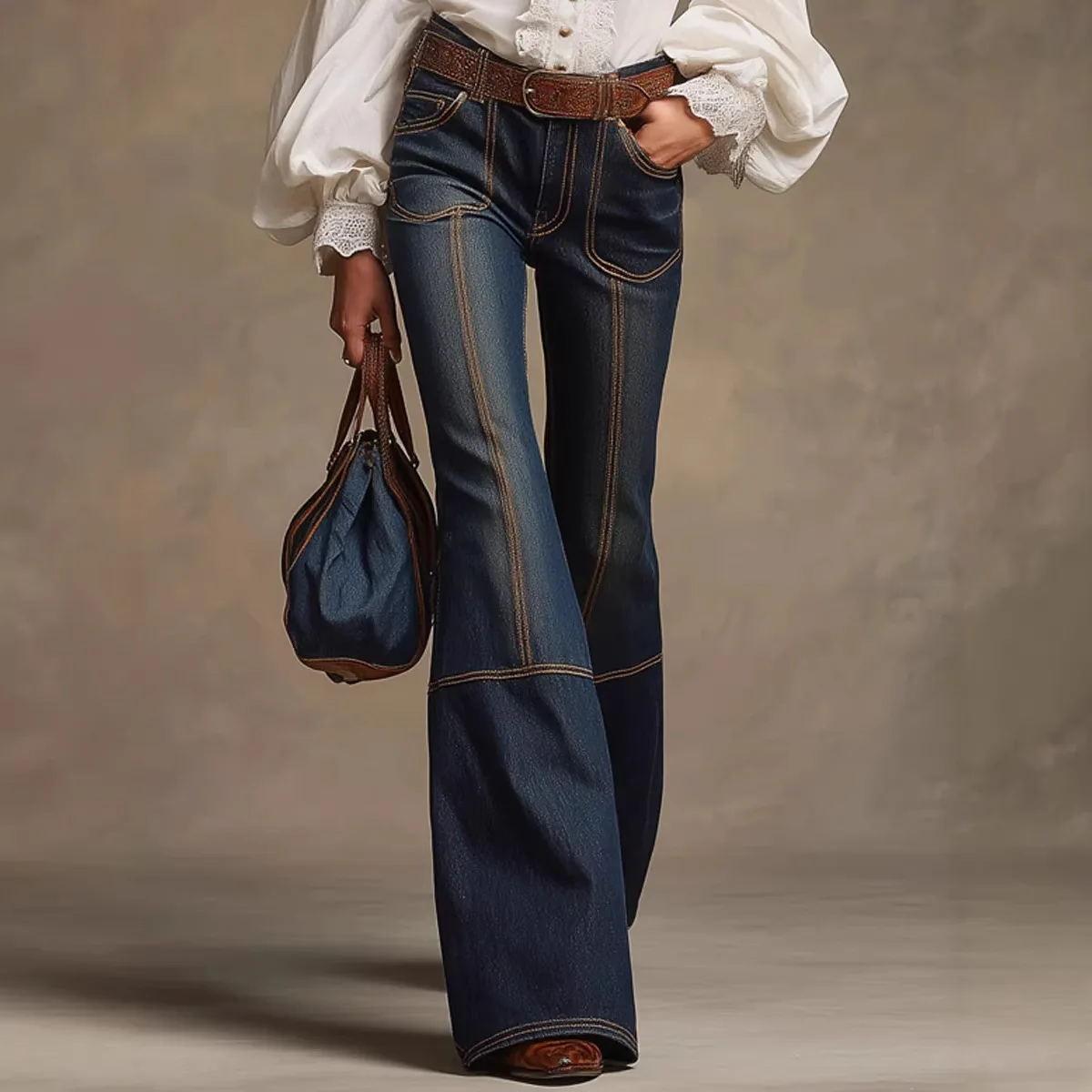 여성용 브라이트 라인 장식 플레어 진 하이웨이스트 포켓 슬림 캐주얼 레트로 데..