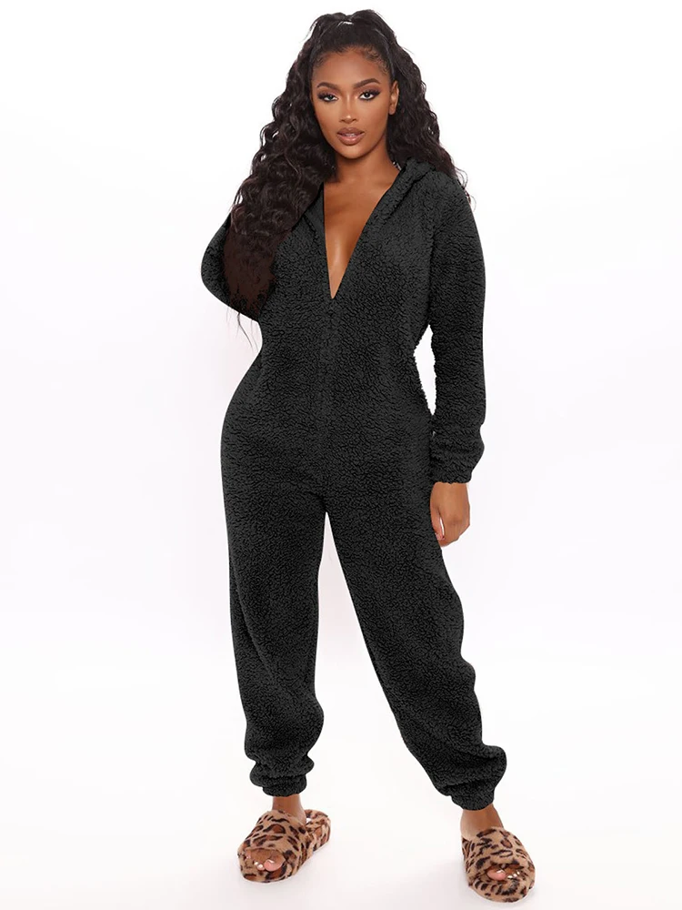 Sibybo Thermal Jumpsuits For Women Cute Hooded Long-sleeved Casual Home Wear Solid Color Zip-up Slacks Winter Women's Pajamas