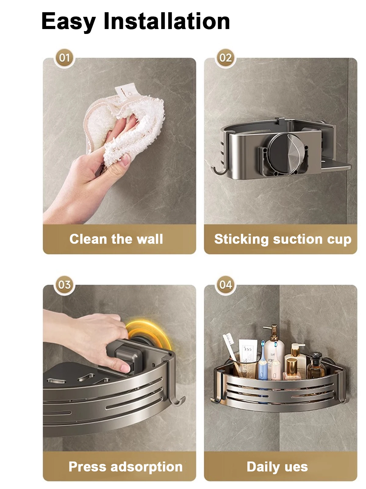Bathroom Shelf for Shower Corner with Towel Holder Hooks, Suction Cup Wall Mounted Grey Bathroom Rack Space Aluminum