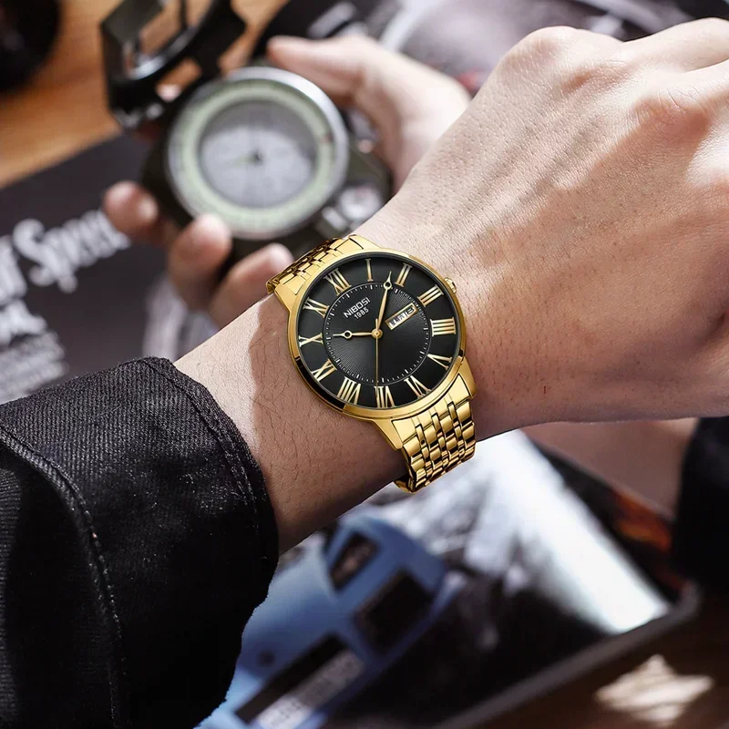 NIBOSI Fashion Simple Men Watch Slim Steel Week Date Waterproof Gold Watch For Men Quartz Business Watch Clock Relogio Masculino 5