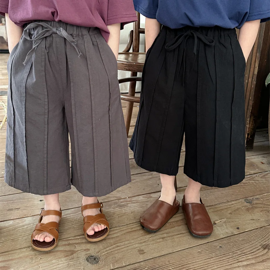 

Children Clothing Cotton Casual Pants 2024 Summer New Korean Style Boys and Girls Solid Color Simple Loose Wide Leg Shorts
