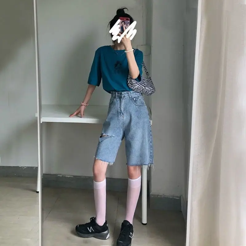 Summer Shorts Women's Bermuda Wide Long Push Up Blue Denim Jean Shorts Y2K Ribbed Bicycles Women High Waist Short Half Pants