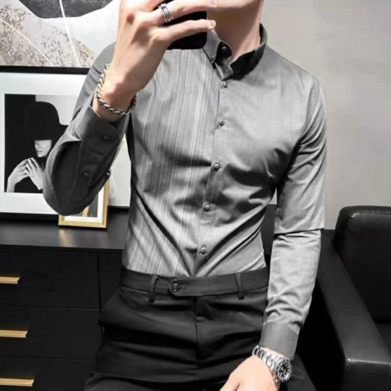 Spring Men's Clothing Long Sleeve Lapel Spliced Single-breasted Business Casual Korean Version Striped Printed Slim Trend Shirt