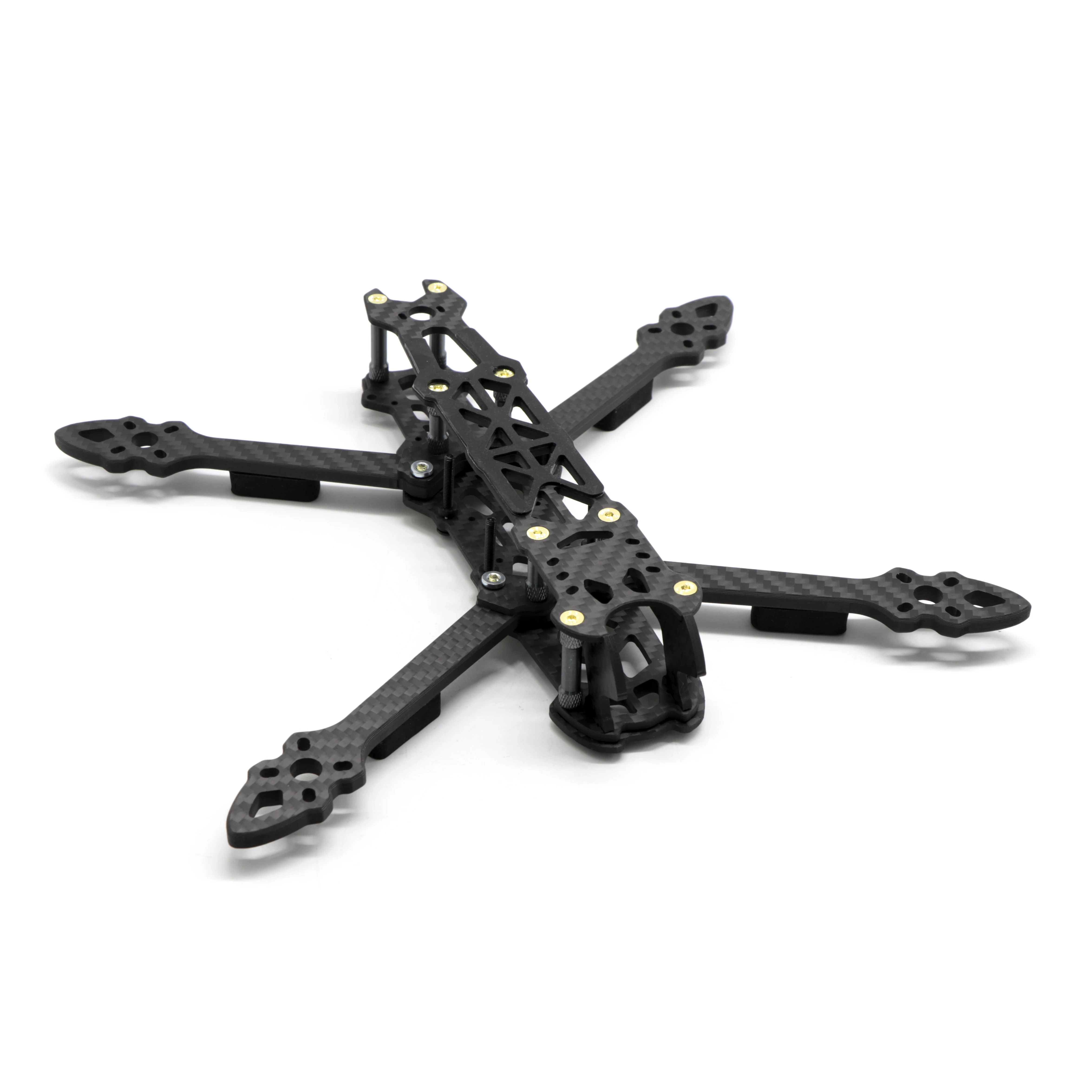 Détail du châssis Mark4 drone FPV course, montrant les trous de montage et l'épaisseur du carbone.