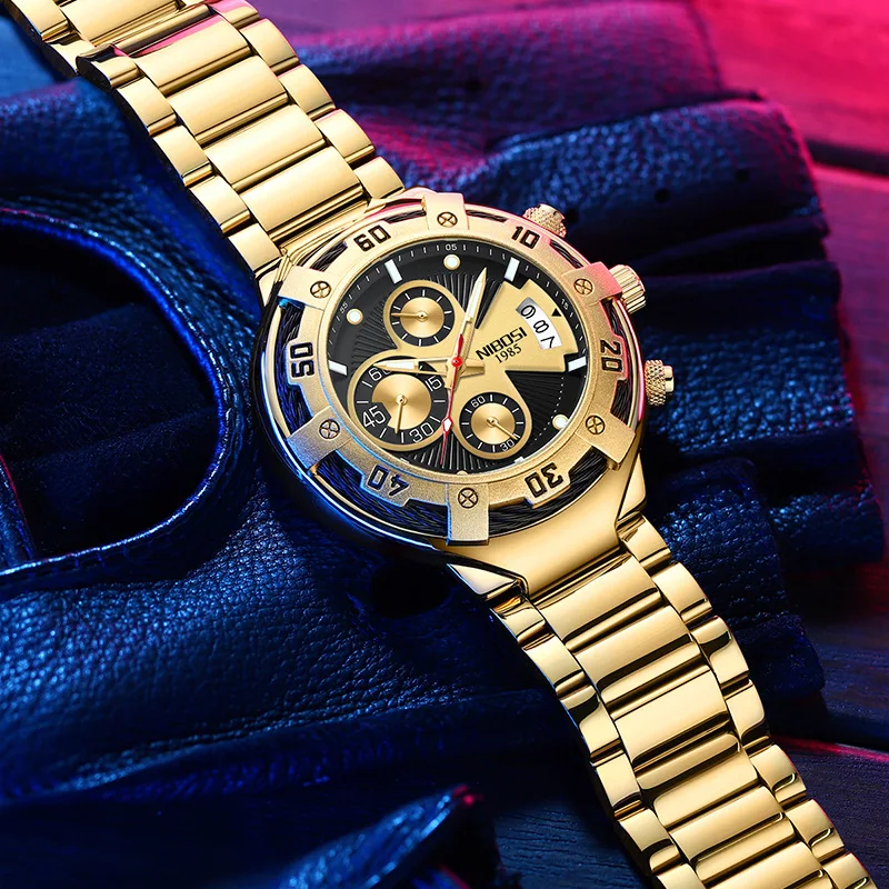 NIBOSI Brand Luxury Gold Quartz Watch for Men Sport Waterproof Stainless Steel Chronograph Wristwatch Mens Relogio Masculino