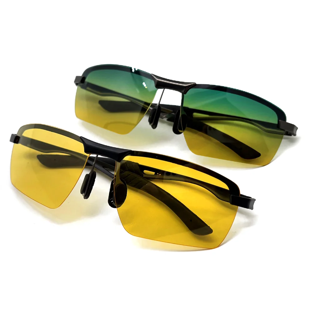 Men Day and Night Vision Glasses for Driving Yellow Polarized Lens Metal Rimless Frame UV400 Goggles Anti Glare Sunglasses night vision glasses night vision sunglasses driving sunglasses
