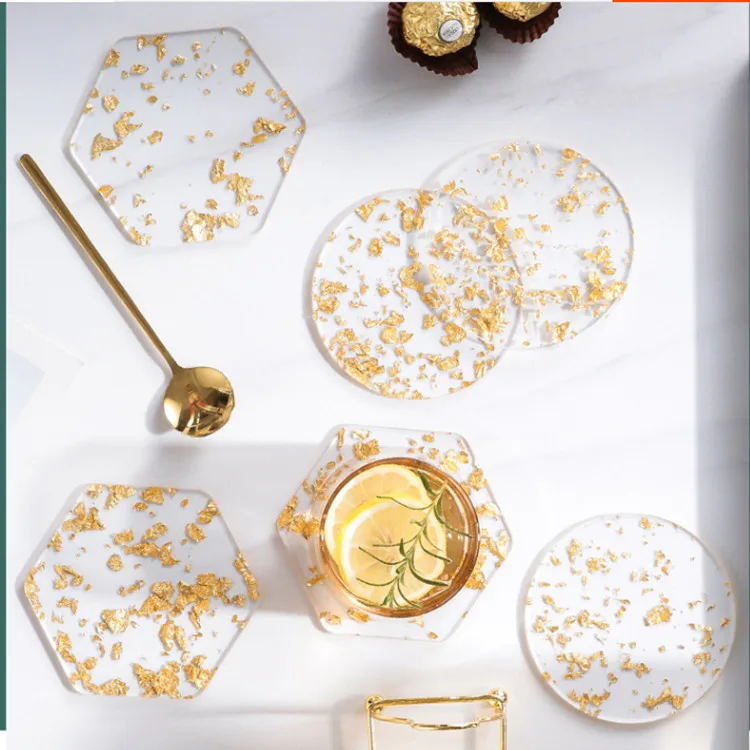 

Drink Coasters Holder Set Cute Coasters for Cup Stand Light Luxury Gold Foil Coaster Insulation Pad Coffee Tea Coaster Acrylic