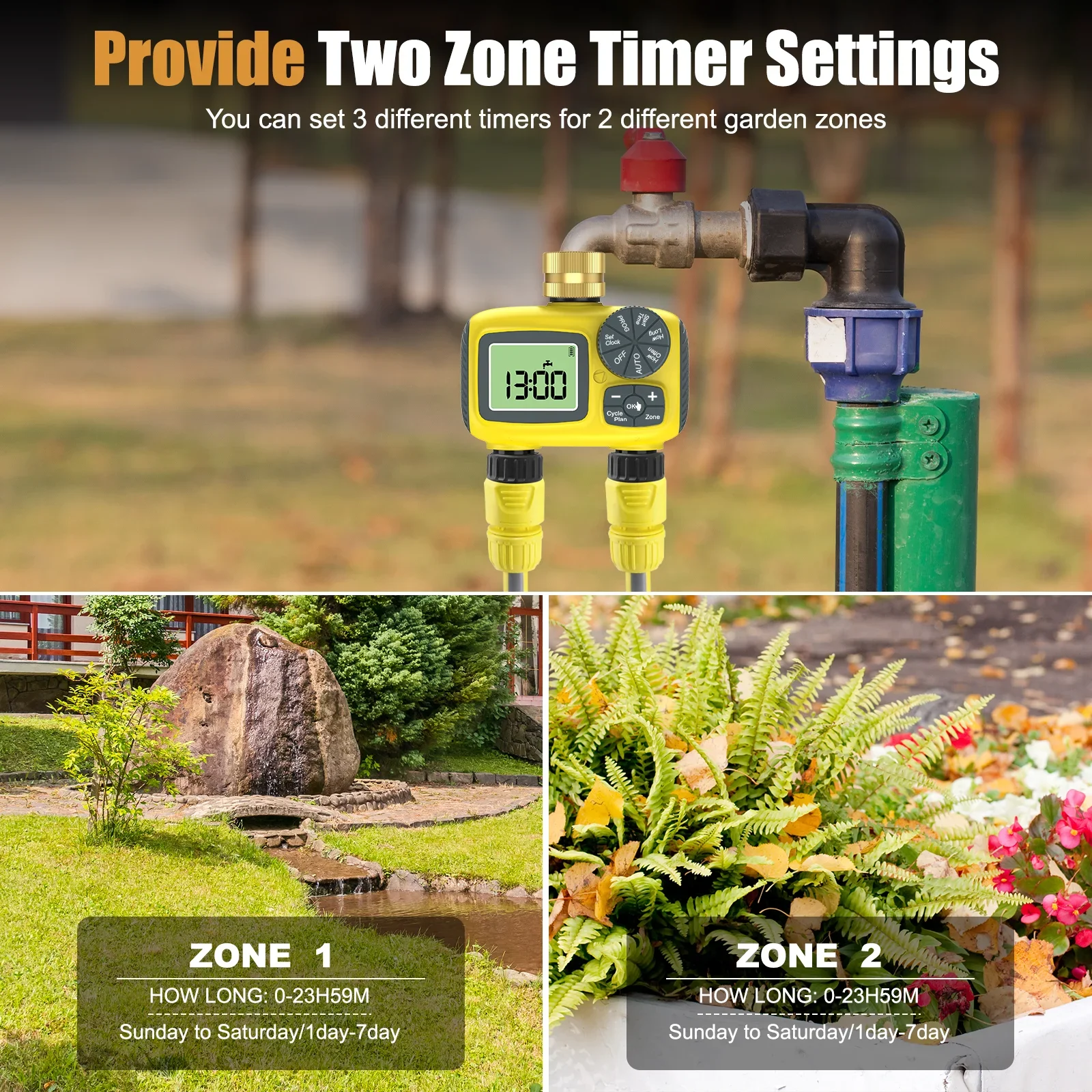Haozee Smart Garden Watering Timer Intelligent 1/2/3-Outlet Irrigation Watering System Sprinkler Timer IPX7 LCD Display