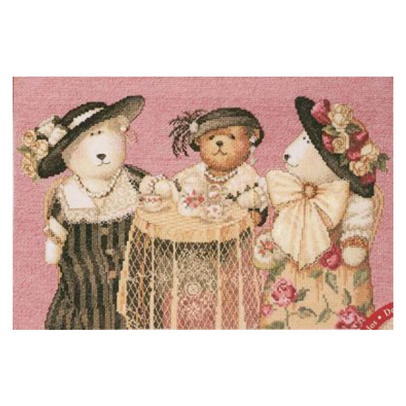 Amishop-Lovely Counted Cross Stitch Kit, Three Bears, Bear, Tea Time Party, Bucilla 43502, Top Quality