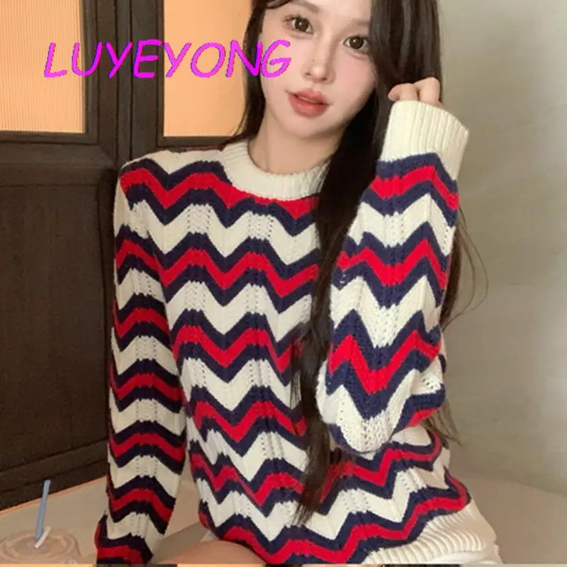 

Vintage Wave Striped Knitted Pullovers Autumn Women Casual Contrast Color Long Sleeve Sweaters O Neck Jumper 2023 Basic Tops