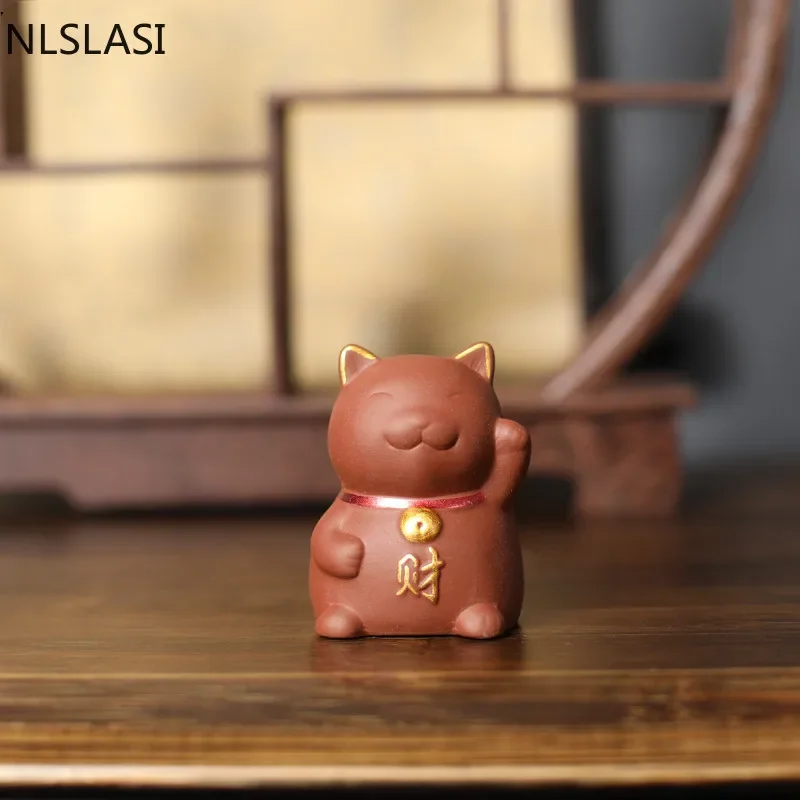 NLSLAISI 1 PCS Yixing Purple Clay Small Tea Pet Lucky Cat Figurine Ornament Boutique Tea Accessories Crafts Home Decoration tea pet ornaments