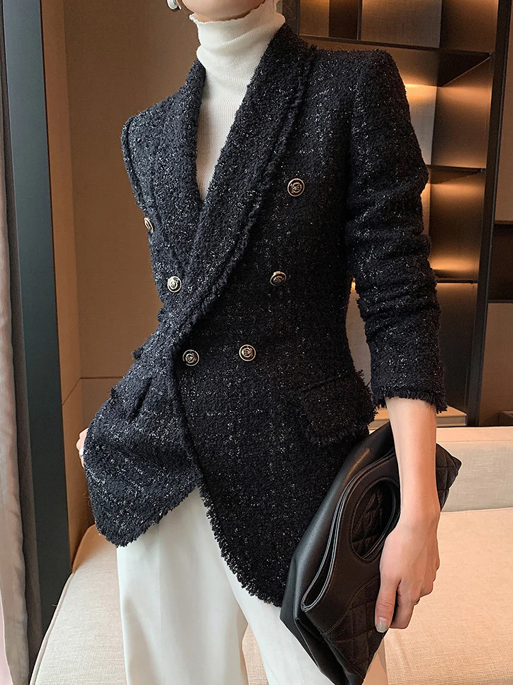2021 autumn new style small fragrant black temperament wool small suit jacket women's self-cultivation suit blouse