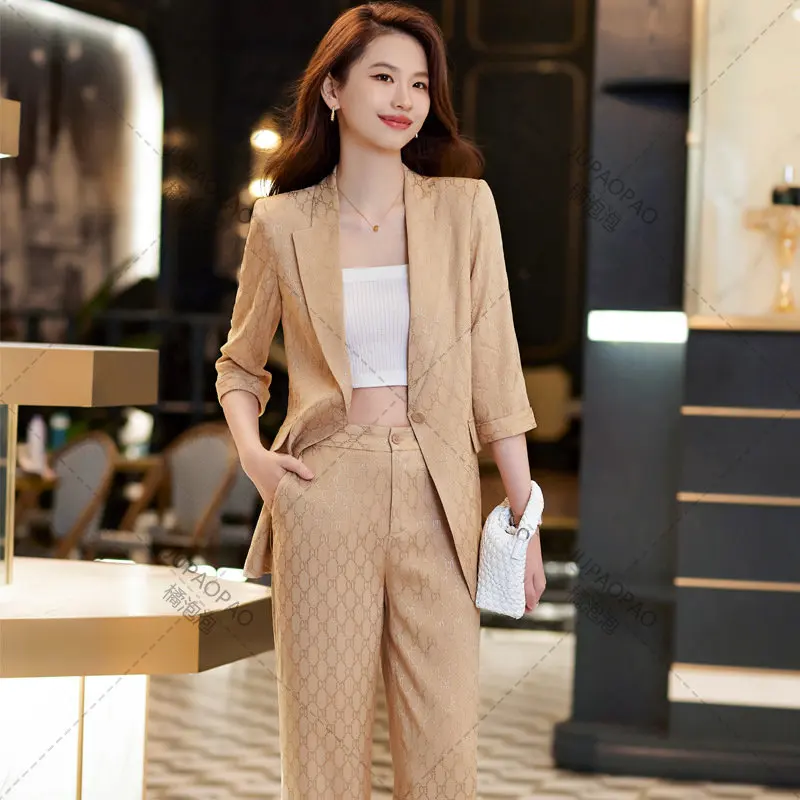 High Quality Printed Women's  Jacket  Casual Suits Fashion  2023 Summer Thin Breathable Office Ladies Blazer Pants Set