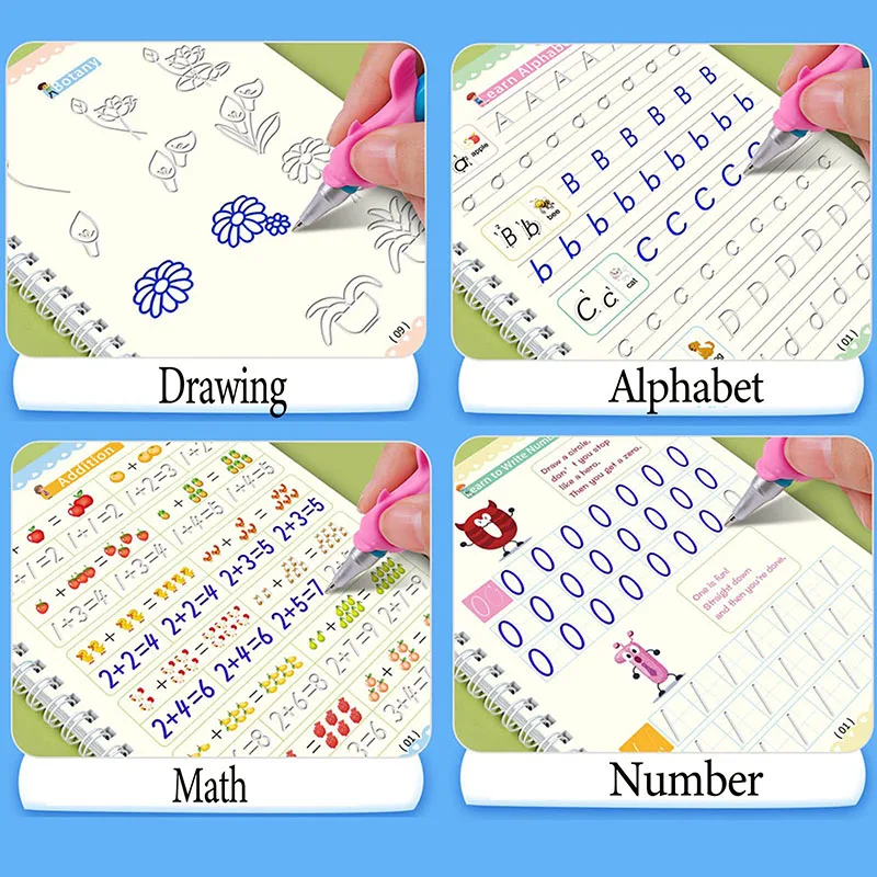 4 Magic Copybooks Children's Toy Writing Reusable Free Wiping English Maths Drawing Children's Toy Writing Practice Copy Book