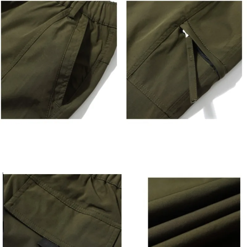 Men's Clothing Zipper Pockets Elastic High Waist Solid Color Casual Loose Cargo Straight Spring Autumn England Style Pants