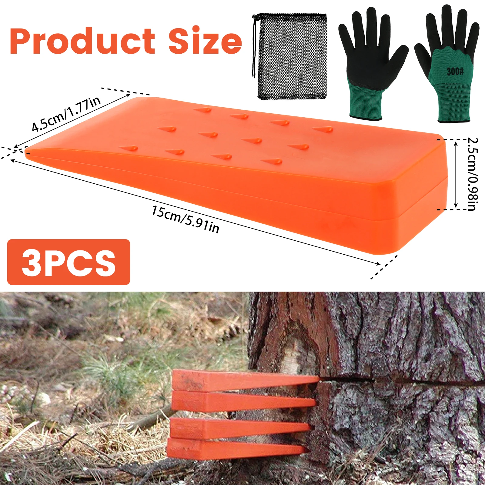 3Pcs Felling Wedges Wear Resistant Tree Cutting Wedges Logging Supplies Plastic Chainsaw Gloves Mesh Bag Tree Cutting Wedges