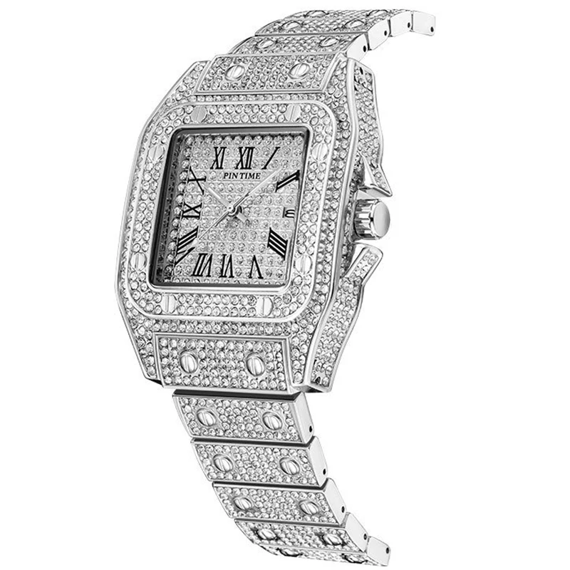 

PINTIME Men Luxury Full Diamond Hip Hop Iced Out Sliver Chronograph Stainless Steel Watches Male Wristwatch Clock Quartz Watch