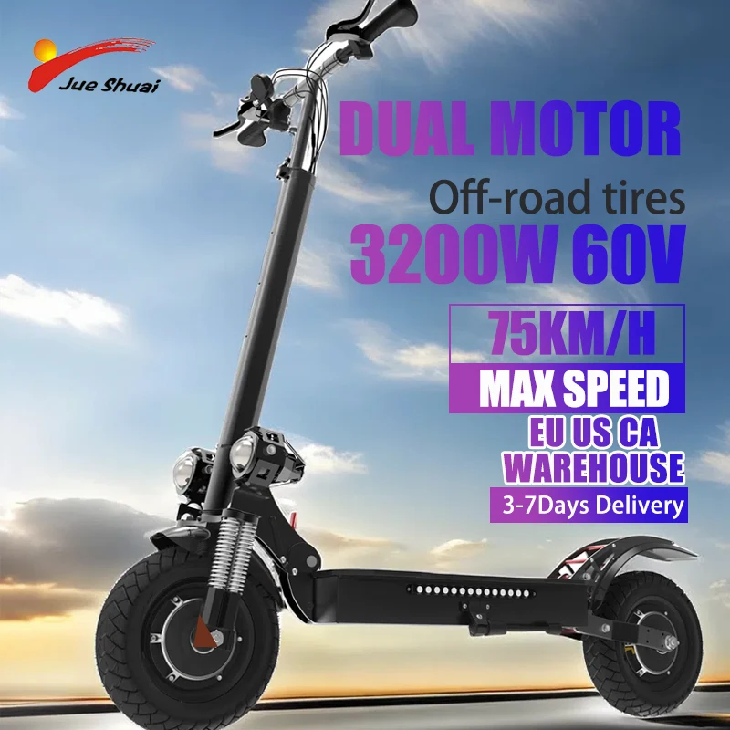 

Electric Scooter for Adults 60V 3200W Dual Motor 75KM/H Max Speed 70KM Long Range 10” Pneumatic Tires Foldable Scooter Electric