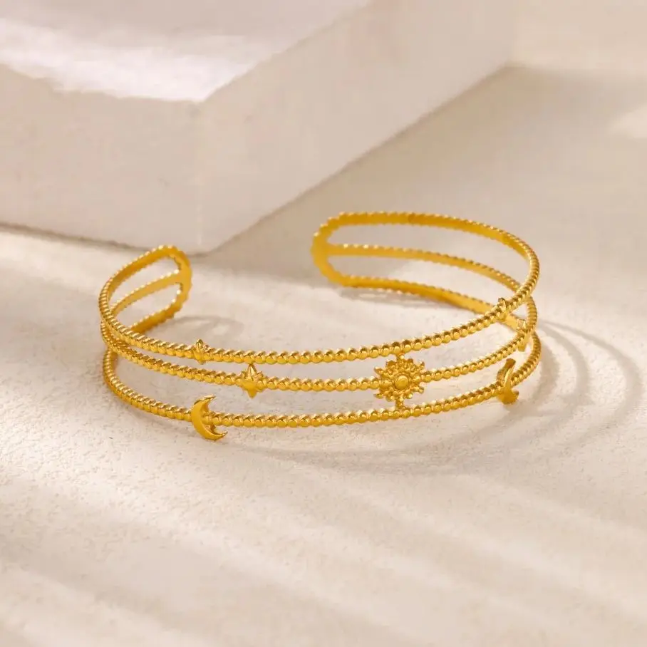 Multi-layered Stars Moon Sun Bangle For Women Gold Color Stainless Steel Bangle
