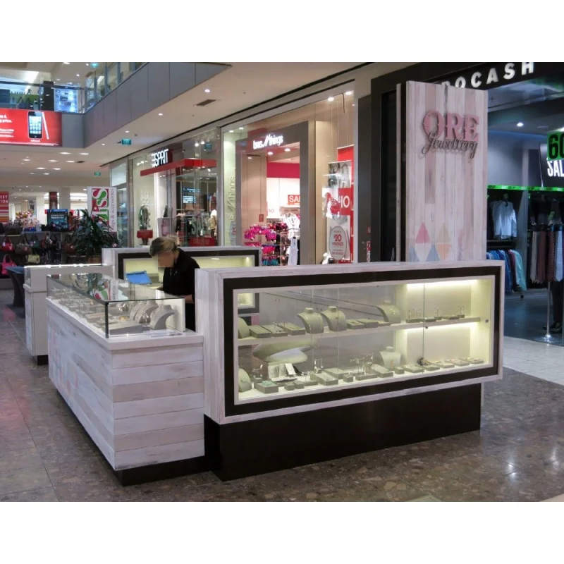 

Custom, Custom Jewelry Booth for Mall Jewelry Display Showcase with LED Light Modern Wood Jewelry Kiosk Stand