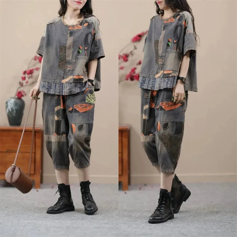 

2024 Mom Ethnic Style Denim Harlan Pants Set Two-piece Set For Women's Summer New Small Casual High-end Clothing, A Complete Set
