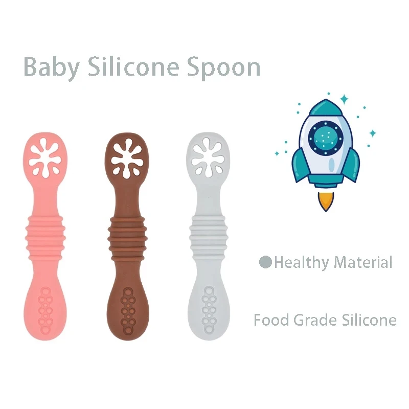 2PCS Cute Baby Learning Spoons Utensils Set Food Grade Silicone Sticky Spoon Children Cutlery Training Spoon Feeding Tableware 6