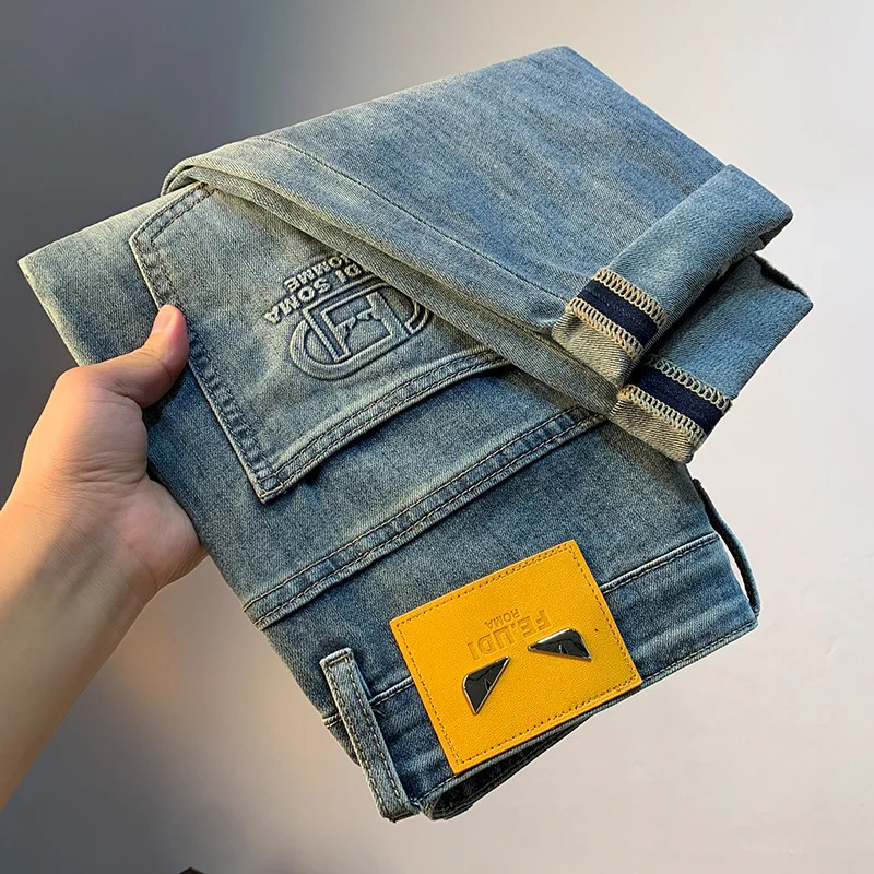 

High-end blue jeans for men 2024 personalized stylish print slim fit fashion elastic all-match light luxury men's trousers