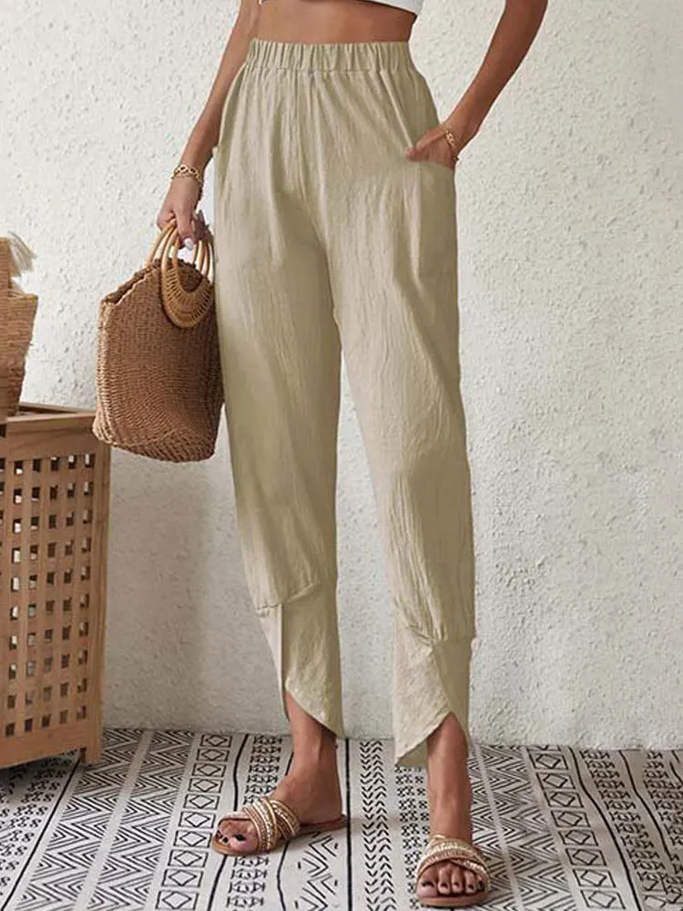 

2023 Summer Linen Pants Women Khaki White Casual Linen Trousers Ladies Pocket Long Loose Pants For Women