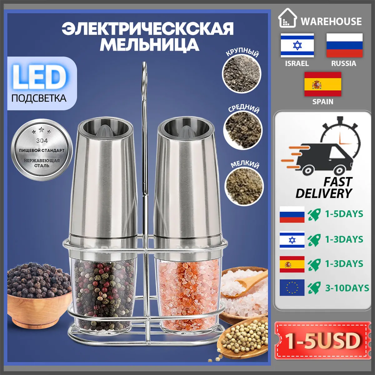 Electric Salt and Pepper Grinder Stainless Steel Automatic Gravity