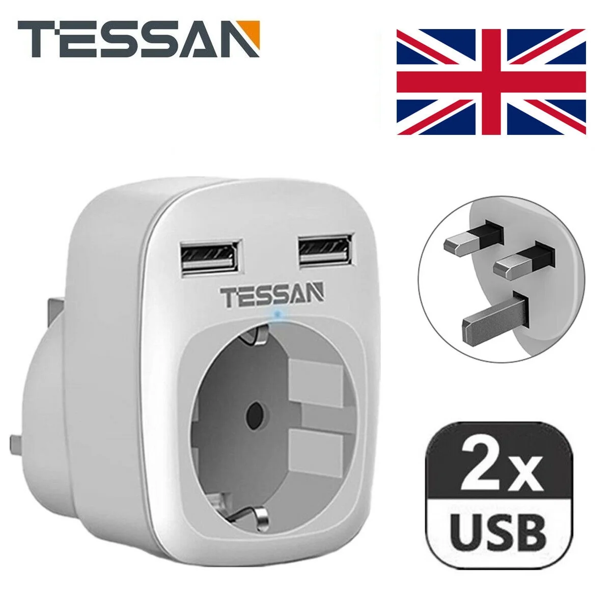 

TESSAN Travel Adapter UK Adapter England Europe Plug with 2 USB (2.4A) Travel Plug Power Adapter for UK Ireland Wall Charger