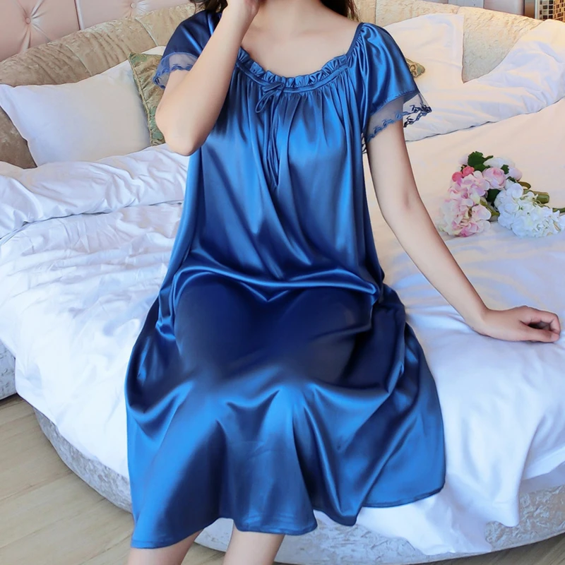 Women Night Gowns Sleepwear Lace Patchwork Nightwear Long Sleeping Dress Casual Ladies Home Dressing