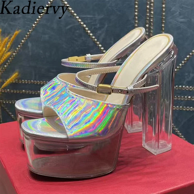 

Super High Heels Slippers Woman Peep Toe Runway Shoes Patent Leather Slides Women Clear Chunky Heels Platform Sandals Women