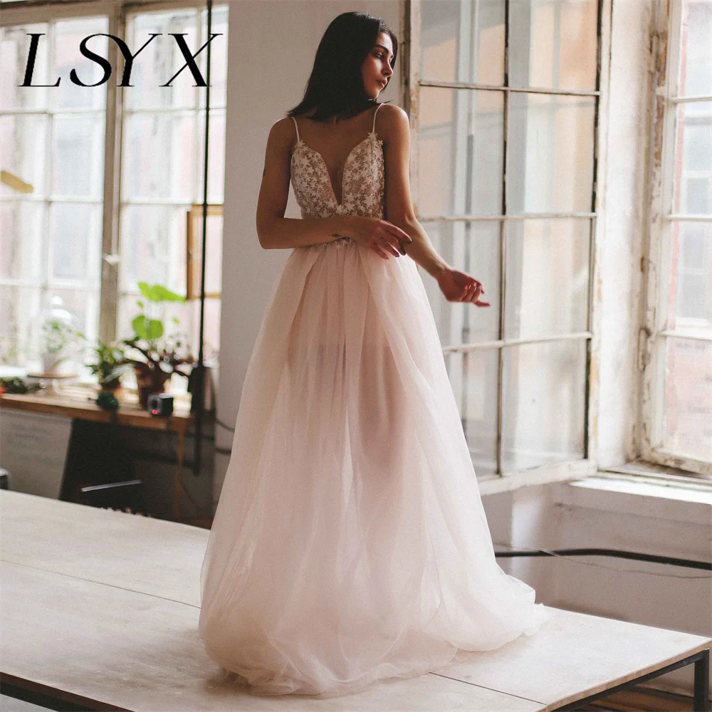 

LSYX Illion Spaghetti Strap Deep V-Neck Backless Tulle Wedding Dress Sexy High Side Slit Sweep Train Appliques Bridal Gown