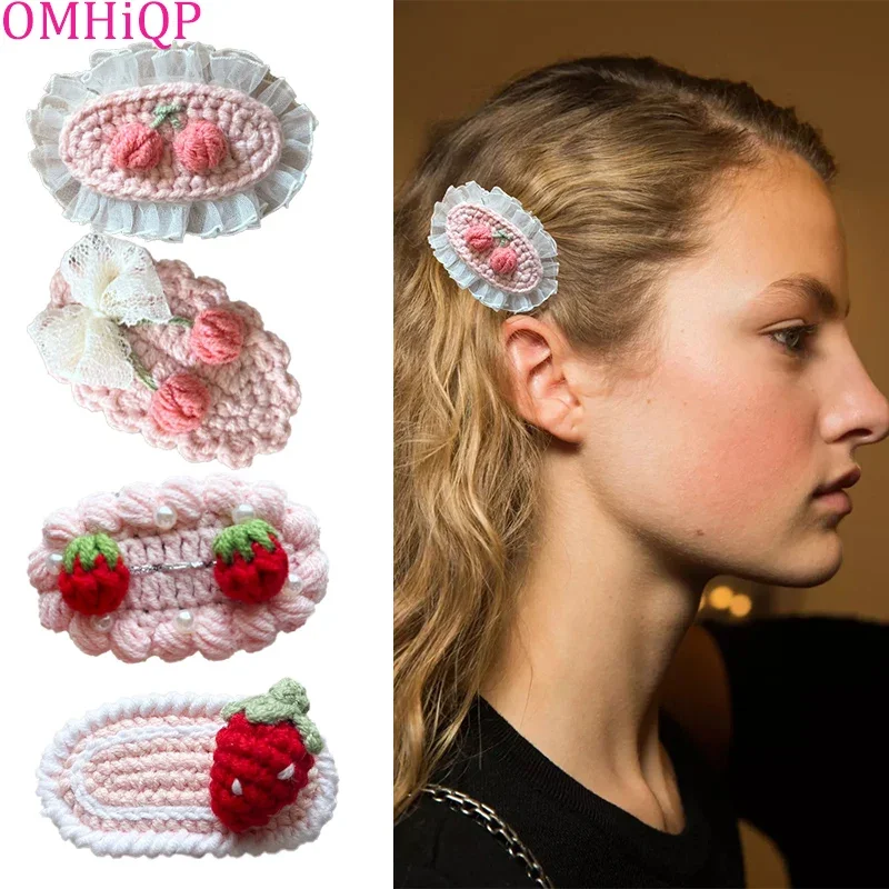 1 Pcs Handmade Wool Knitting Strawberry Vintage  Hairpin Children Crochet Hair Accessories Girl Trim Clip Sakura Pink 2