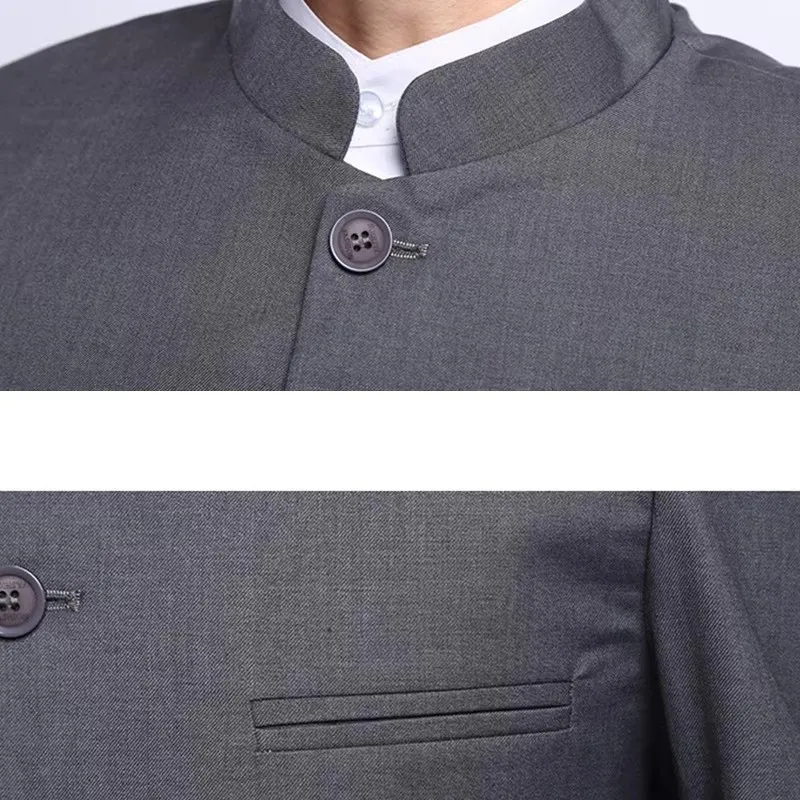 Chinese Style Men Gray Tunic Suit Jacket Stand Collar Single Breasted Business Casual Male Blazers