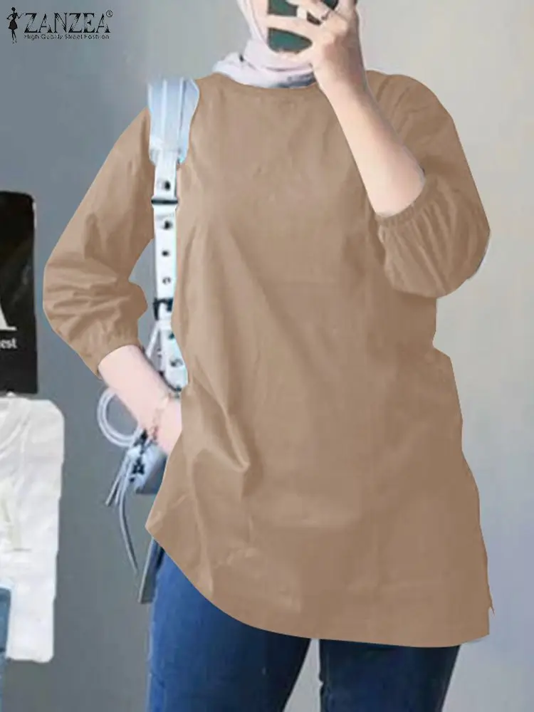 

Модные женские блузки ZANZEA Eid Mubarek, элегантная однотонная мусульманская блузка, женские топы с рукавом 3/4 и круглым вырезом, повседневная женская блузка большого размера