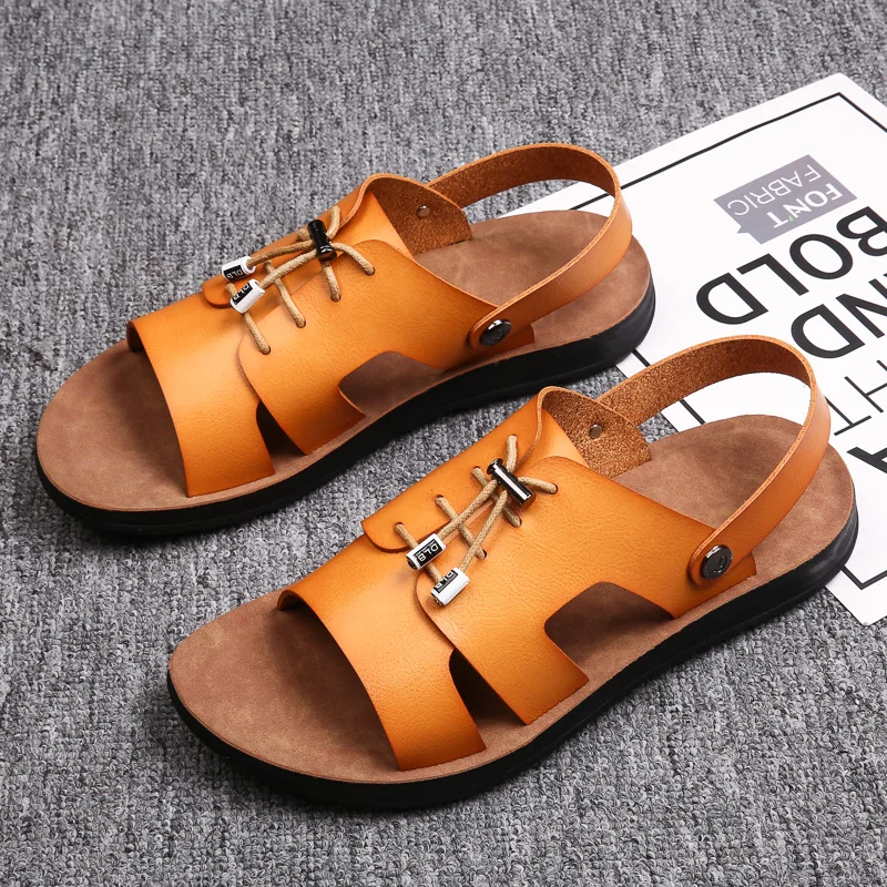 

Men Leather Sandals Summer Outdoor Beach Shoes Casual Sneakers Comfortable Barefoot Sandals Men Slipper Homme Adult Plus Size