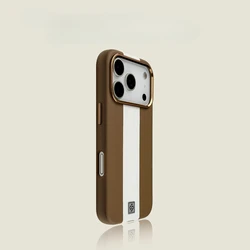 Sleek Black & White Stripe Magnetic Leather Rugged Phone Case - iPhone 15 (Gold White)