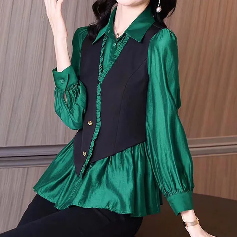 Fashion Elegant Polo-Neck Fake Two Pieces Button Shirt  Women's Clothing New Korean Ruffles Spliced Commute Long Sleeve Blouse