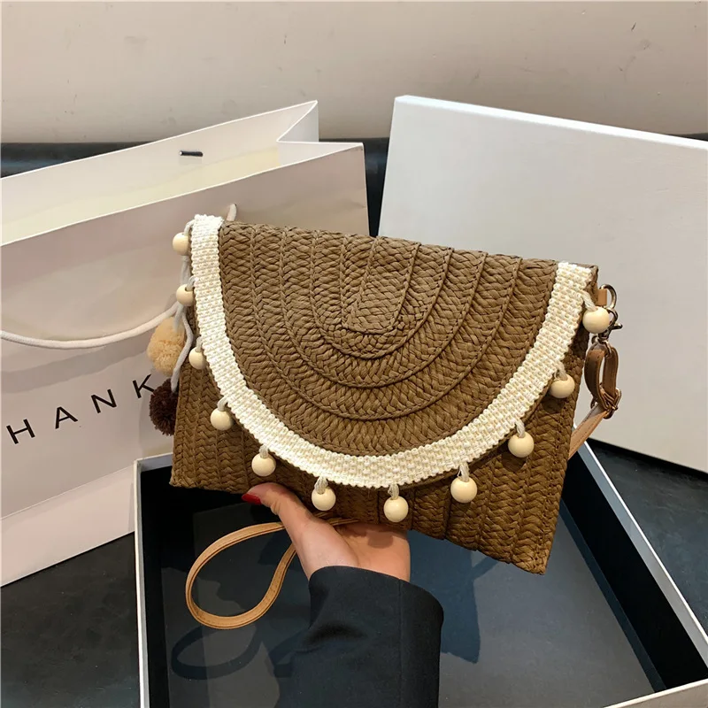 

Fashion Coffee Khaki Straw Handbag Summer Hand-Woven Rattarn Women's Envelope Bag Wicker Beach Bag Boho Shoulder Messenger Bag