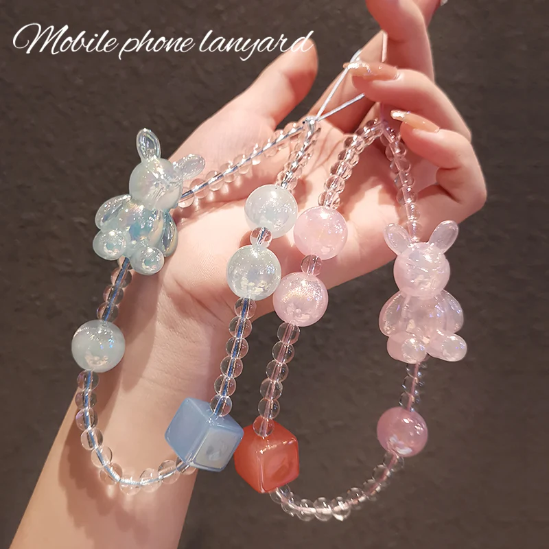 Short Hand-beaded Wrist Pendant Mobile Phone Lanyard Personality Pendant Cartoon Rabbit Rhinestone Bead Pendant Anti-lost Sling